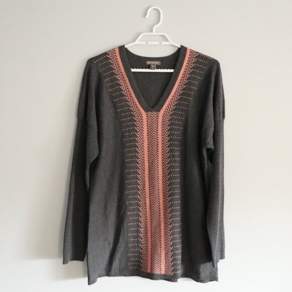 Spanner Women's XS-S Grey V-Neck Wool Blend Geometric Stretch Pullover Sweater - Picture 1 of 11